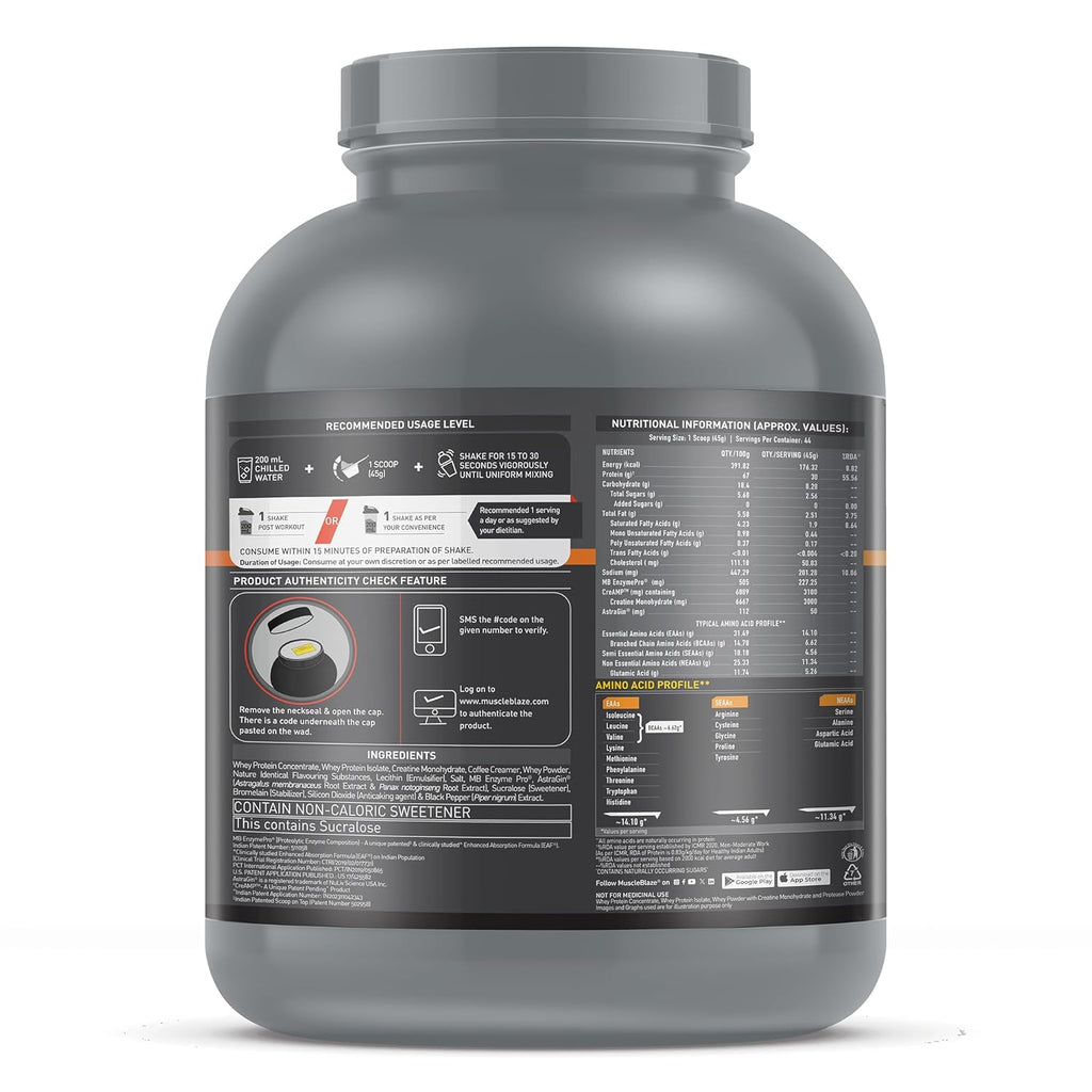 MuscleBlaze Biozyme Whey Protein PR Powder with 30g Protein, 3g Creatine Monohydrate & 50mg AstraGin (Cookies & Cream, 2kg / 4.4lbs) | Trustified Gold Certified