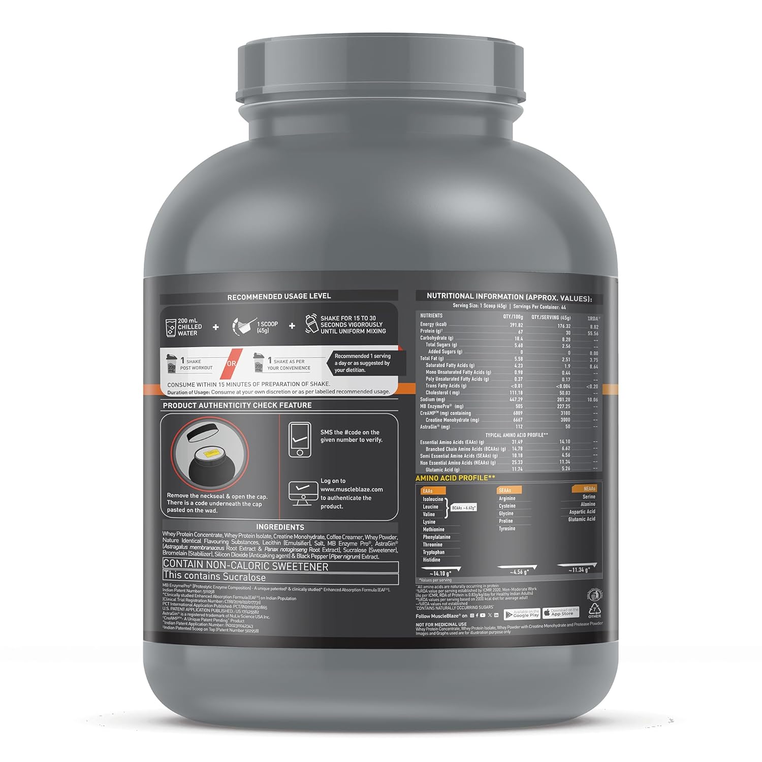 MuscleBlaze Biozyme Whey Protein PR Powder with 30g Protein, 3g Creatine Monohydrate & 50mg AstraGin (Cookies & Cream, 2kg / 4.4lbs) | Trustified Gold Certified