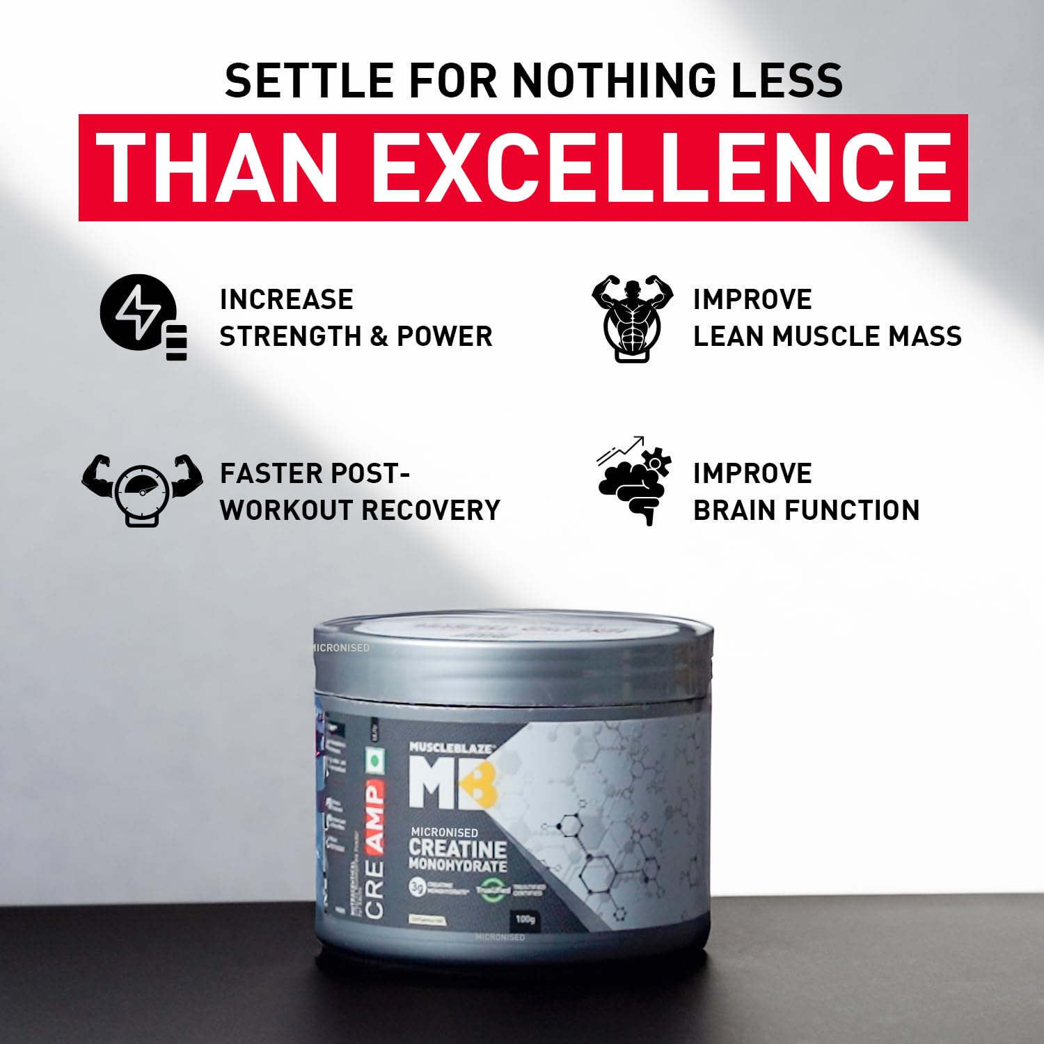 MuscleBlaze Micronised Creatine Monohydrate CreAMP Powder, Unflavoured (32 Servings, 100g) | Trustified Certified Creatine