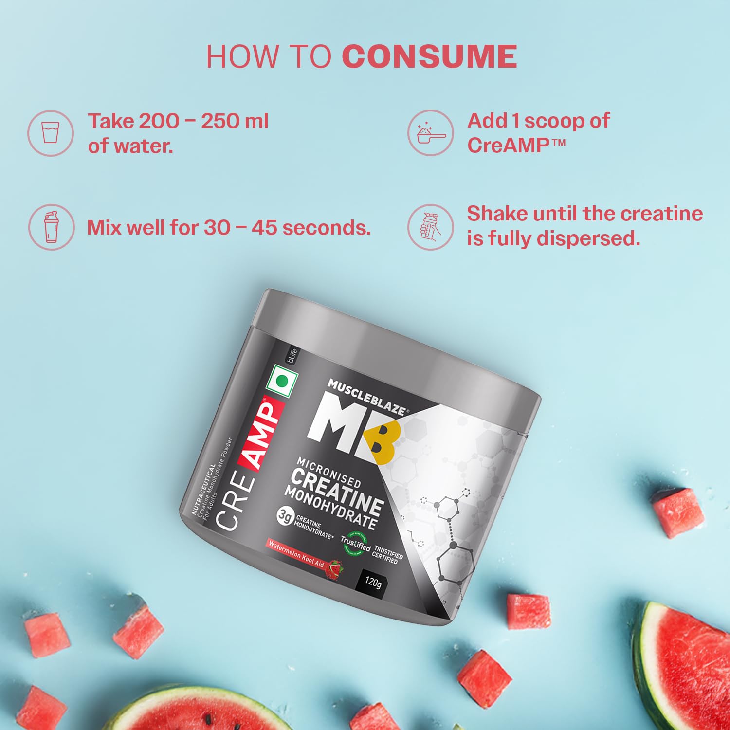 MuscleBlaze Creatine Monohydrate CreAMP Watermelon Kool aid 120g