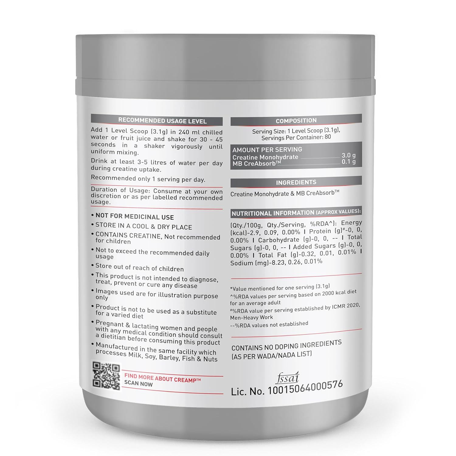 MuscleBlaze Micronised Creatine Monohydrate CreAMP Powder, Unflavoured (80 Servings, 250g) |