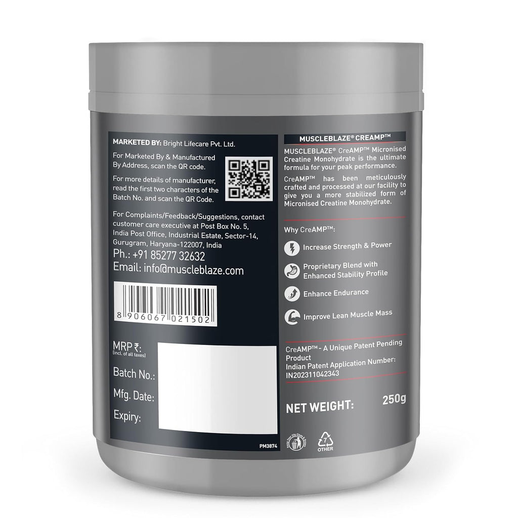 MuscleBlaze Micronised Creatine Monohydrate CreAMP Powder, Unflavoured (80 Servings, 250g) |