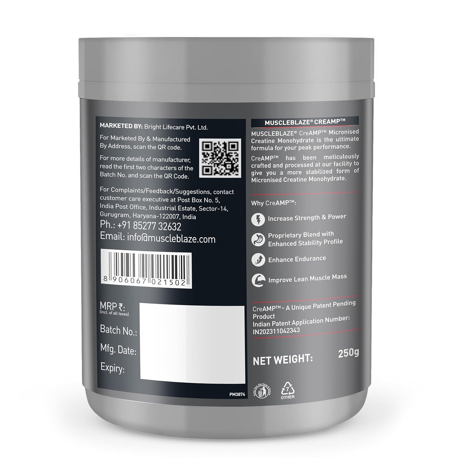 MuscleBlaze Micronised Creatine Monohydrate CreAMP Powder, Unflavoured (80 Servings, 250g) |