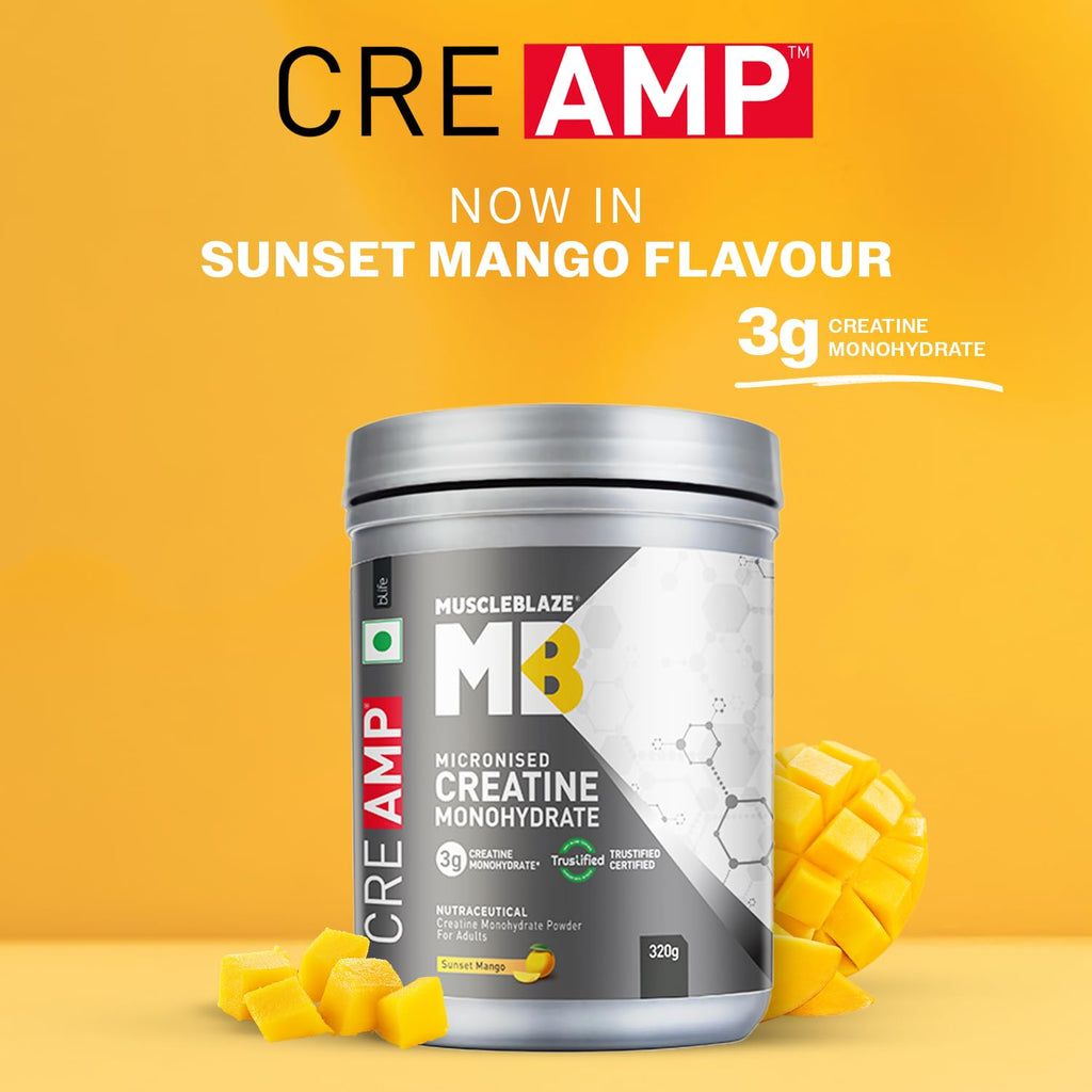 MuscleBlaze Micronised Creatine Monohydrate CreAMP Powder, sunset mango (80 Servings, 320g) 