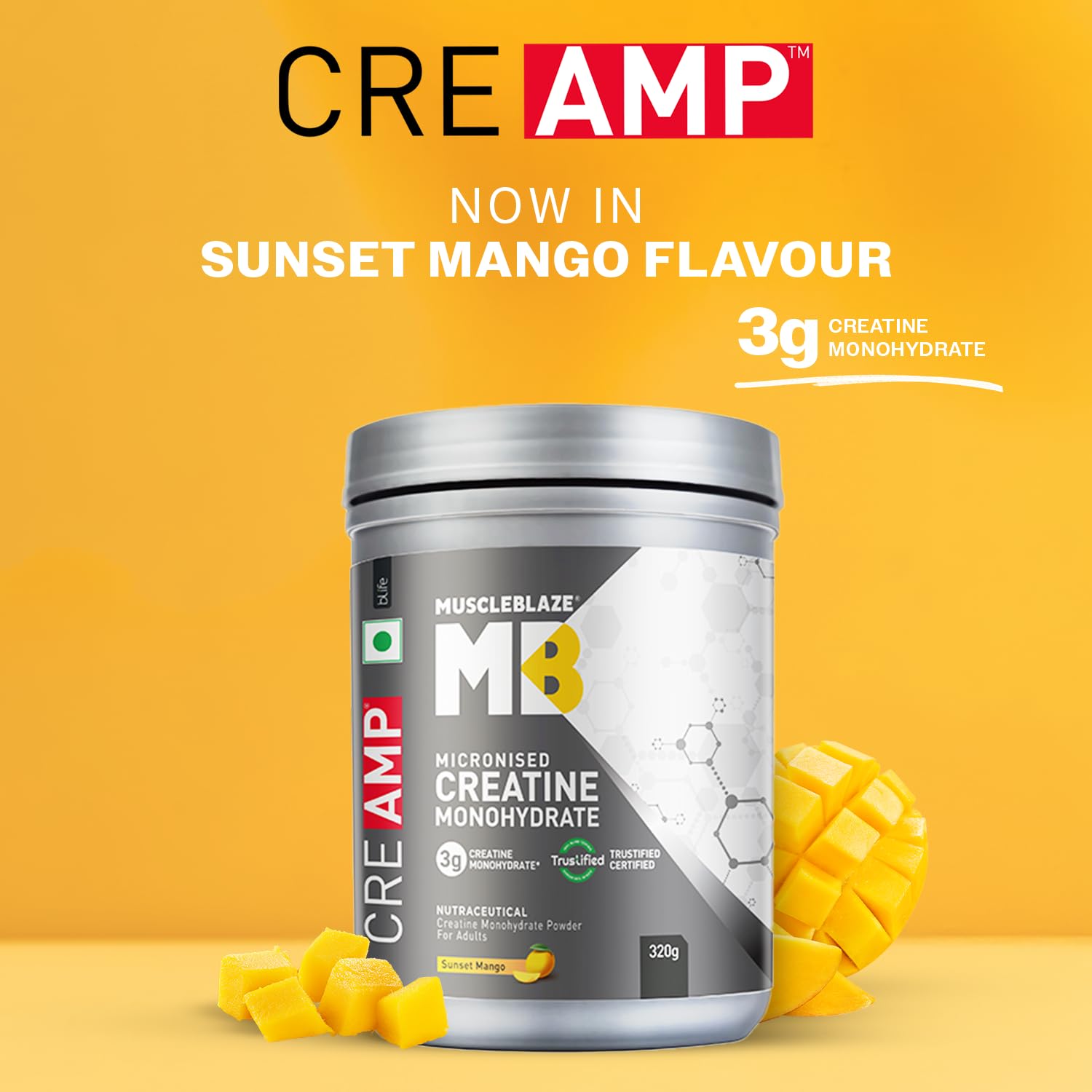 MuscleBlaze Micronised Creatine Monohydrate CreAMP Powder, sunset mango (80 Servings, 320g) 