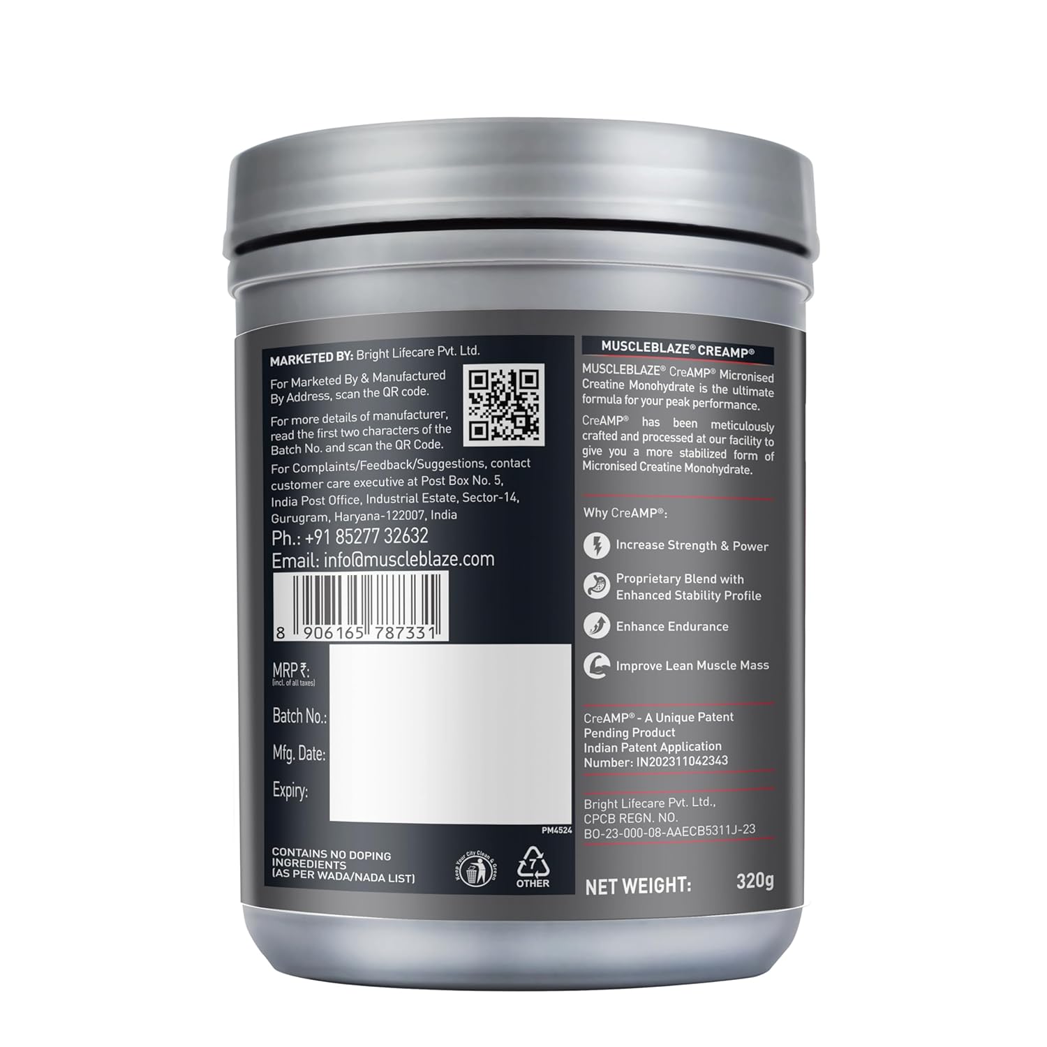 MuscleBlaze Micronised Creatine Monohydrate CreAMP Powder, sunset mango (80 Servings, 320g) 