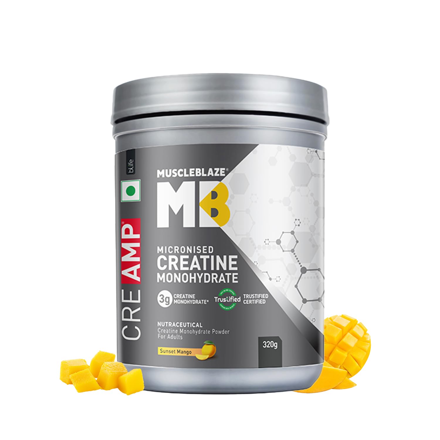 MuscleBlaze Micronised Creatine Monohydrate CreAMP Powder, sunset mango (80 Servings, 320g) 