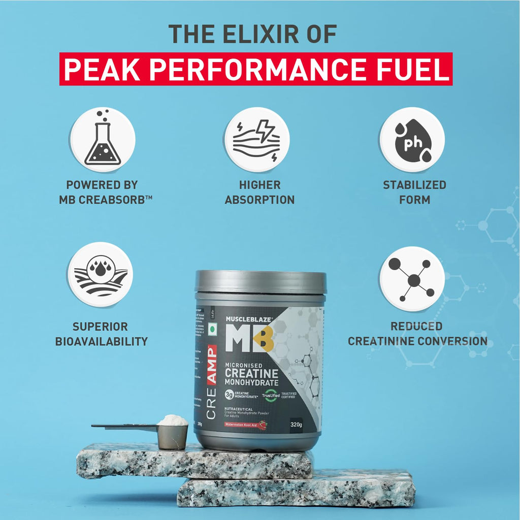 MuscleBlaze Micronised Creatine Monohydrate CreAMP Powder, Watermelon Kool Aid (80 Servings, 320g) 
