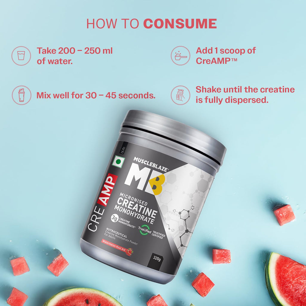 MuscleBlaze Micronised Creatine Monohydrate CreAMP Powder, Watermelon Kool Aid (80 Servings, 320g) 