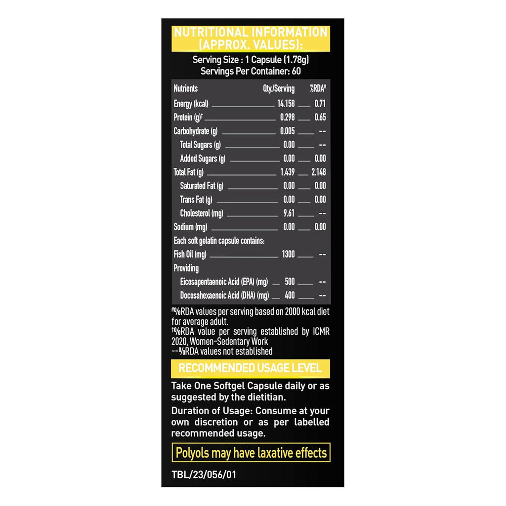 MuscleBlaze Omega 3 Fish Oil Gold (60 Capsules) | 1300mg Omega 3 with 500mg EPA & 400mg DHA | 3x Triple Strength Formula | No Fishy Aftertaste