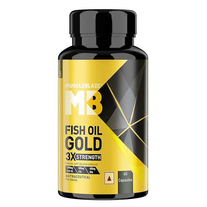 MuscleBlaze Omega 3 Fish Oil Gold (60 Capsules) | 1300mg Omega 3 with 500mg EPA & 400mg DHA | 3x Triple Strength Formula | No Fishy Aftertaste