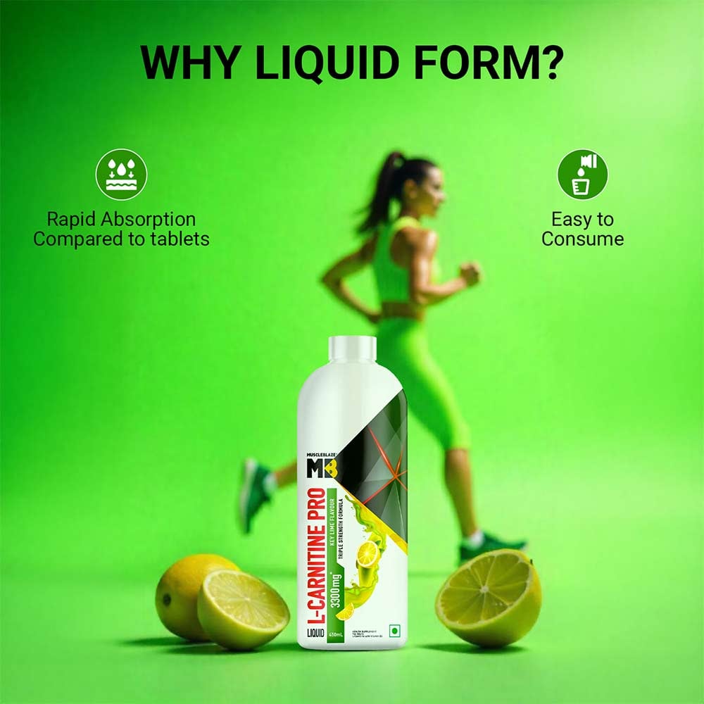 MuscleBlaze Liquid L-Carnitine PRO - 3300mg Triple Strength Formula Key Lime • 450 ml