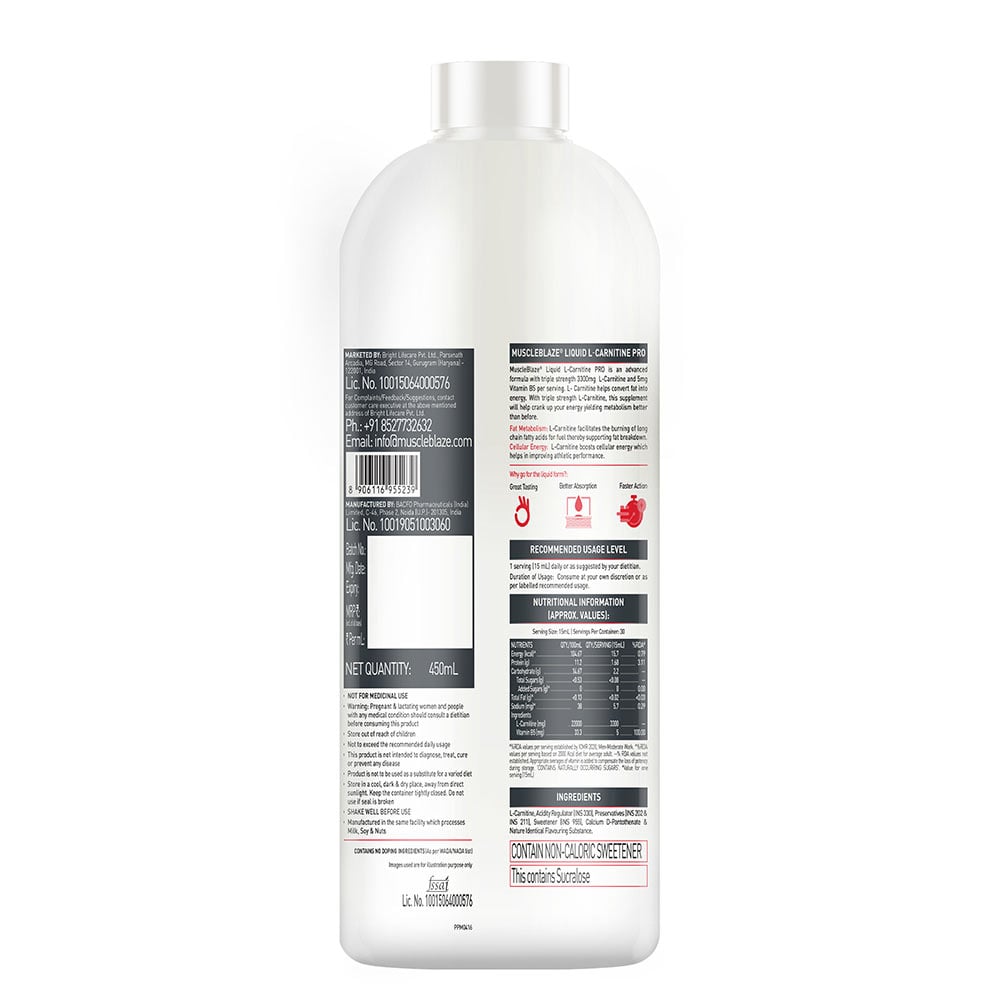 MuscleBlaze Liquid L-Carnitine PRO - 3300mg Triple Strength Formula Key Lime • 450 ml