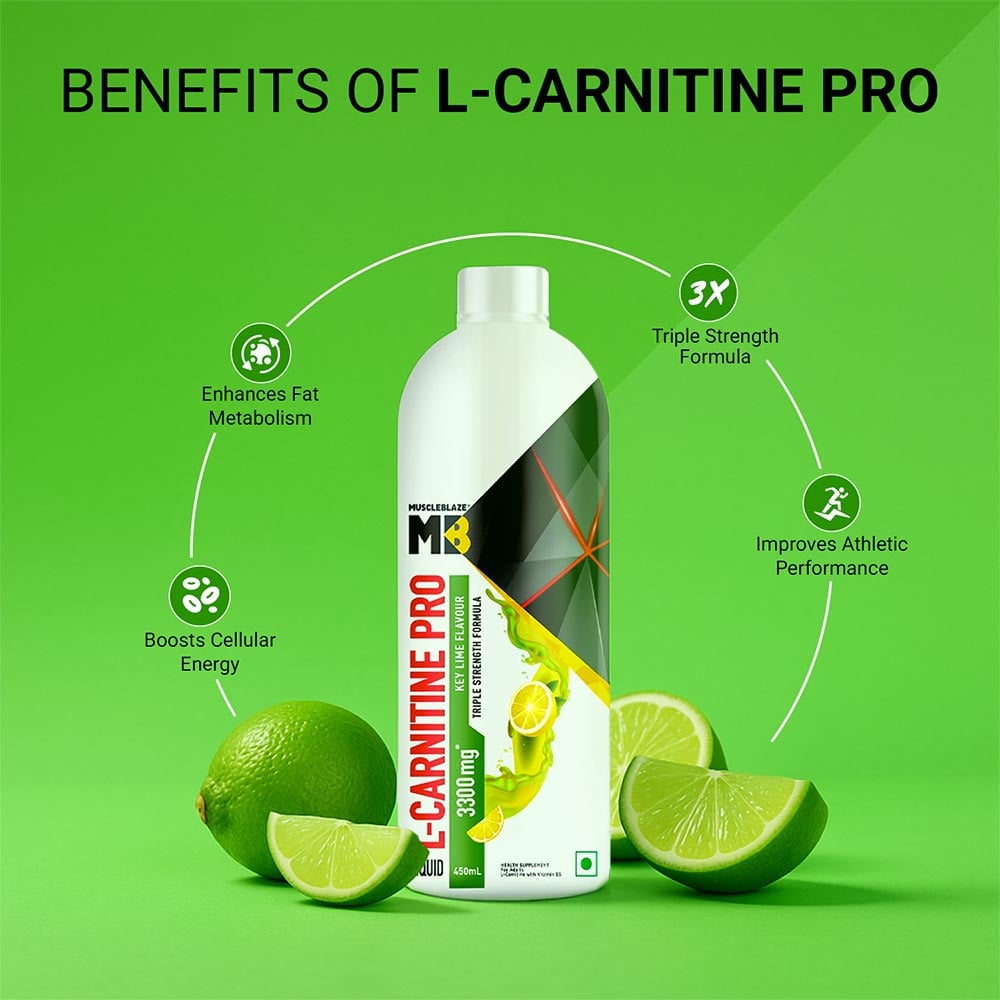 MuscleBlaze Liquid L-Carnitine PRO - 3300mg Triple Strength Formula Key Lime • 450 ml