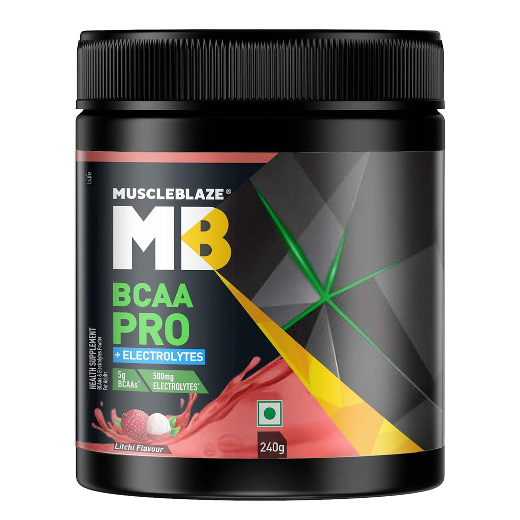 MuscleBlaze BCAA Pro Powder, Powerful Intra Workout (Litchi, 240g, 30 Servings) | With 5g BCAAs & 500mg Electrolytes