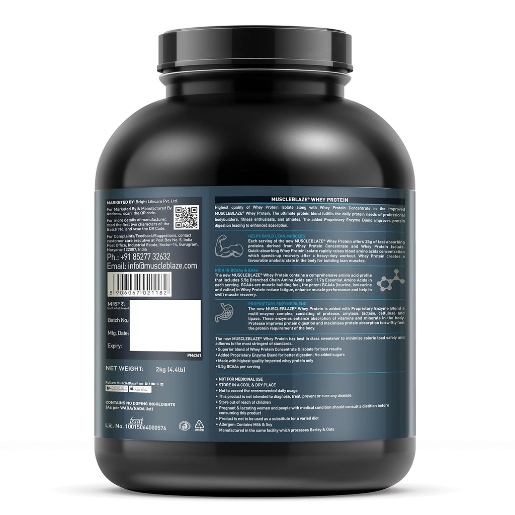 MuscleBlaze 100% Whey Protein, Ultra Premium Blend with Whey Protein Concentrate & Whey Protein Isolate, 25 g Protein per Scoop (cookkies&cream , 2 kg / 4.4 lb)