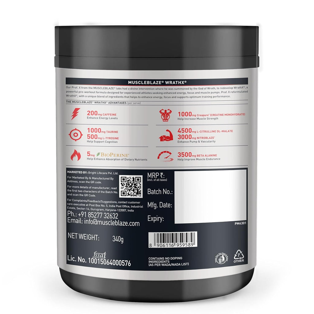 MuscleBlaze Pre Workout Wrathx Powder, Fruit Fury (20 Servings, 340g) | With Creapure, NitroBlaze & BioPerine