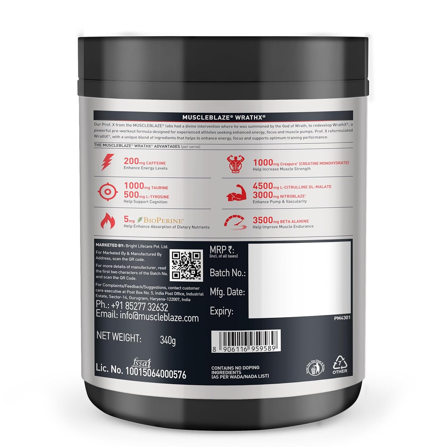 MuscleBlaze Pre Workout Wrathx Powder, Fruit Fury (20 Servings, 340g) | With Creapure, NitroBlaze & BioPerine