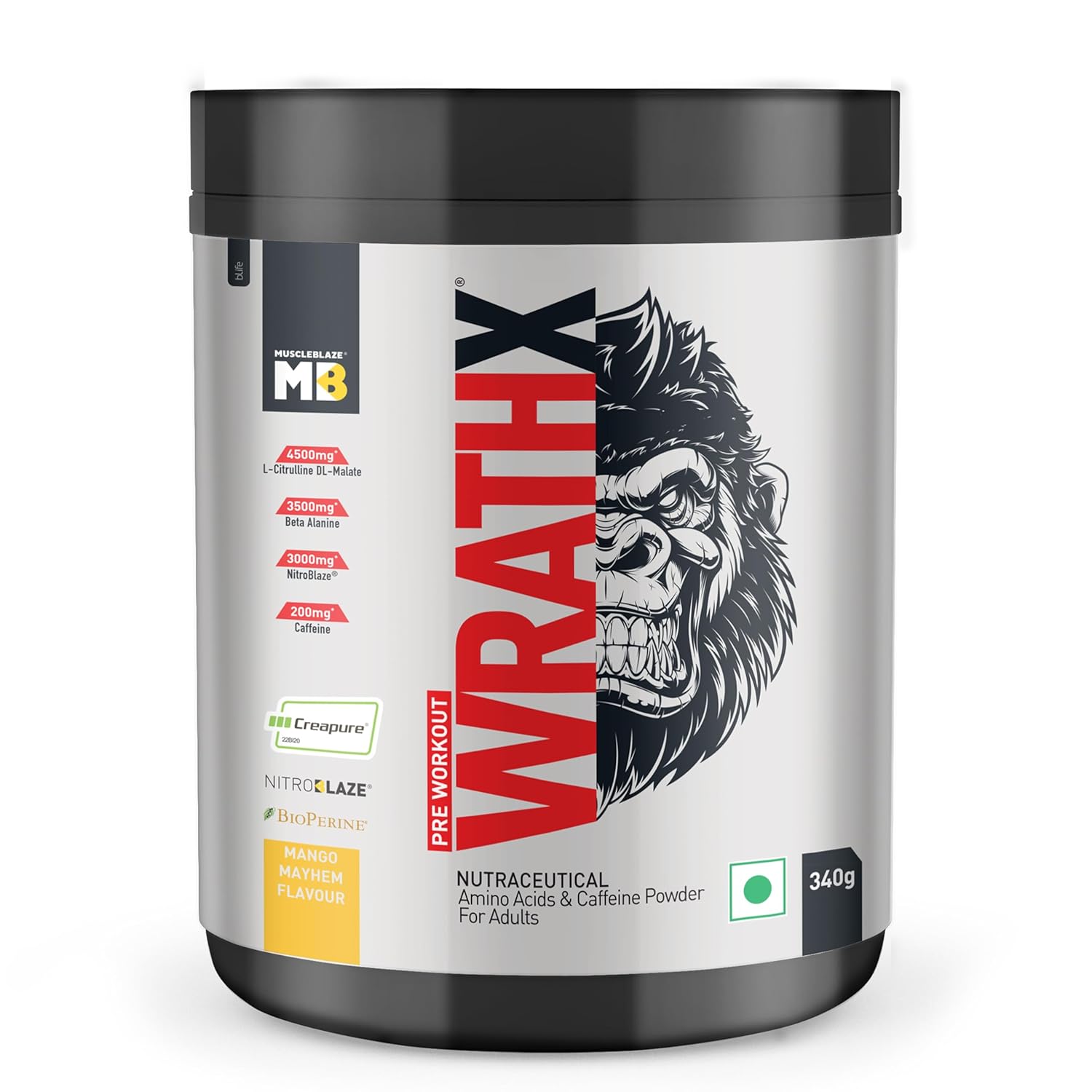 MuscleBlaze Pre Workout Wrathx Powder, mango mayhem (20 Servings, 340g) | With Creapure, NitroBlaze & BioPerine