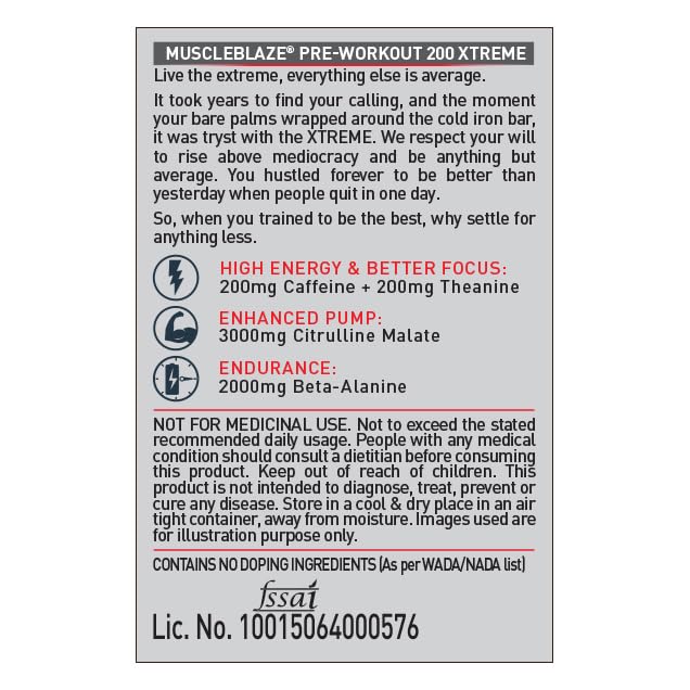 MuscleBlaze Pre Workout 200 Xtreme Powder, Berry Bolt (15 Servings, 100g) | 200mg Caffeine, 3000mg Citrulline