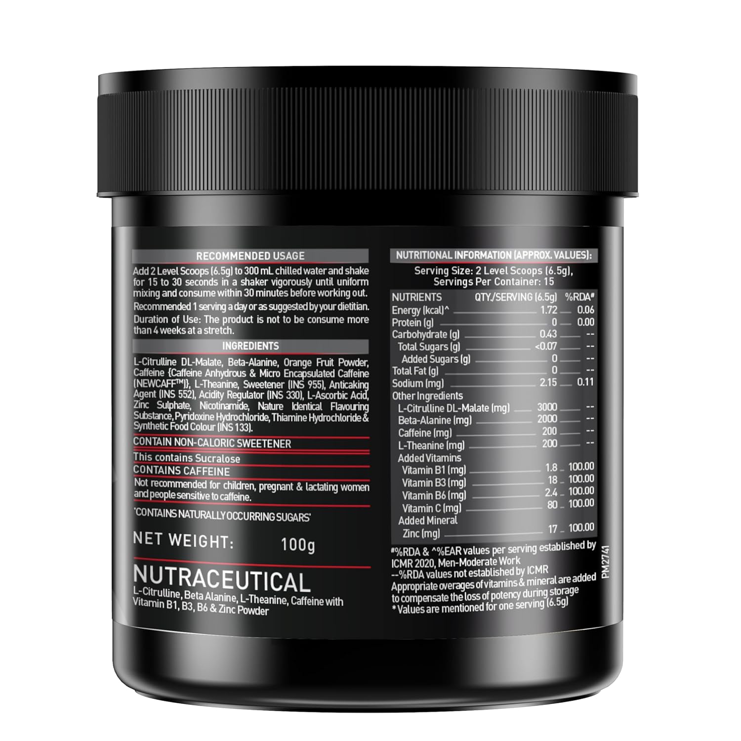 MuscleBlaze Pre Workout 200 Xtreme Powder, Berry Bolt (15 Servings, 100g) | 200mg Caffeine, 3000mg Citrulline
