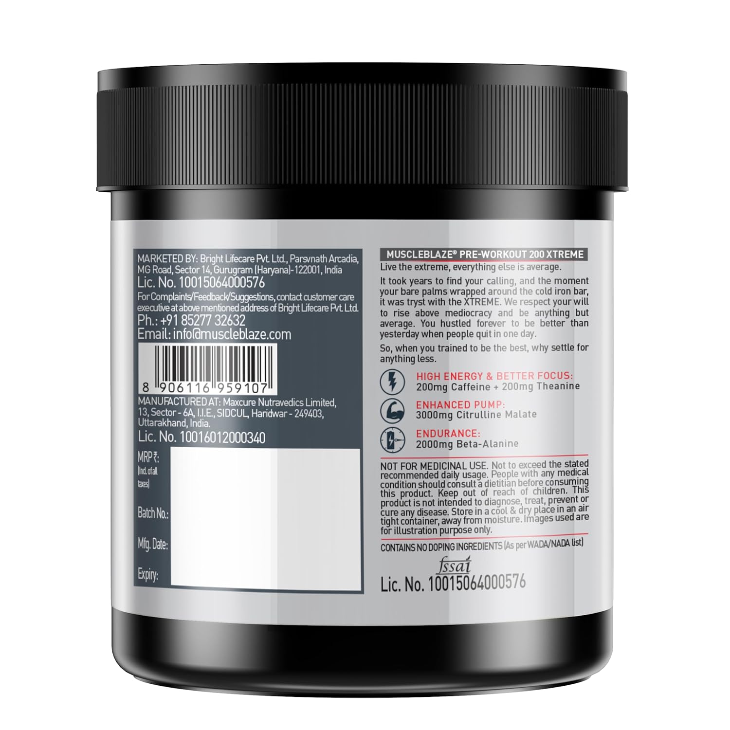 MuscleBlaze Pre Workout 200 Xtreme Powder, Berry Bolt (15 Servings, 100g) | 200mg Caffeine, 3000mg Citrulline