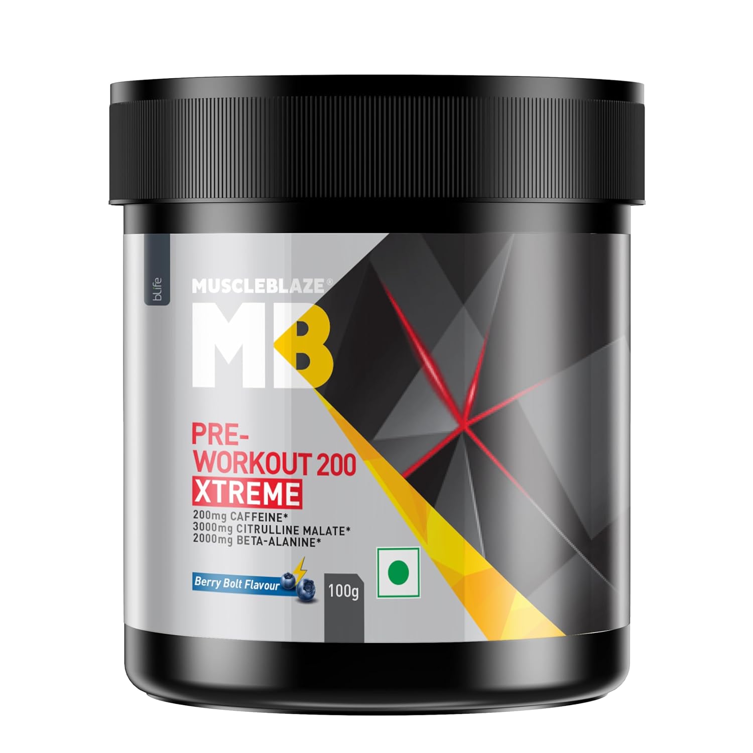 MuscleBlaze Pre Workout 200 Xtreme Powder, Berry Bolt (15 Servings, 100g) | 200mg Caffeine, 3000mg Citrulline