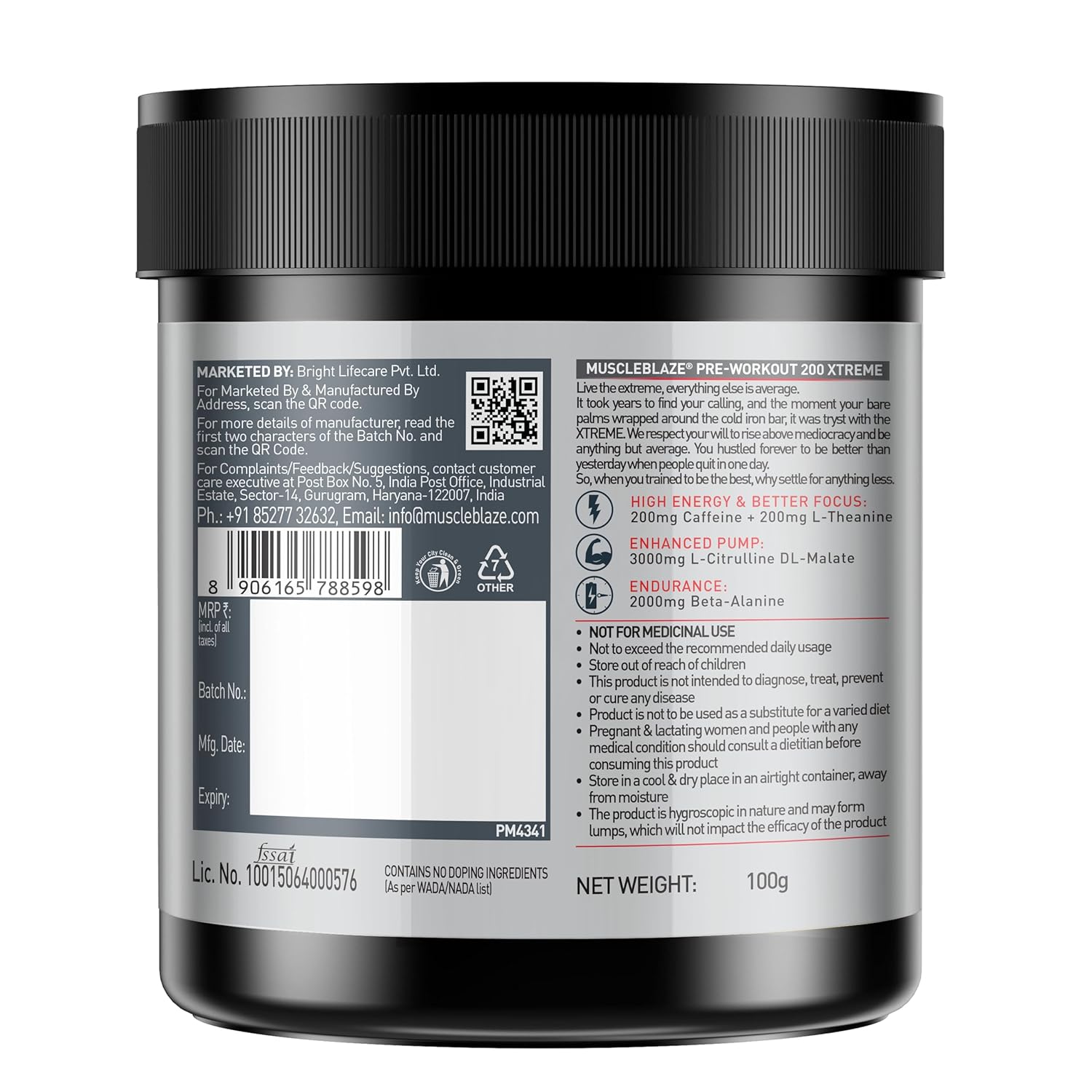 MuscleBlaze Pre Workout 200 Xtreme Powder, Tangy Orange (15 Servings, 100g) | 200mg Caffeine, 3000mg Citrulline