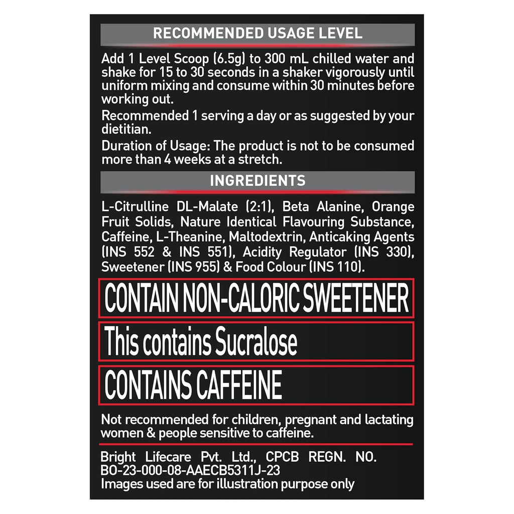 MuscleBlaze Pre Workout 200 Xtreme Powder, Tangy Orange (15 Servings, 100g) | 200mg Caffeine, 3000mg Citrulline