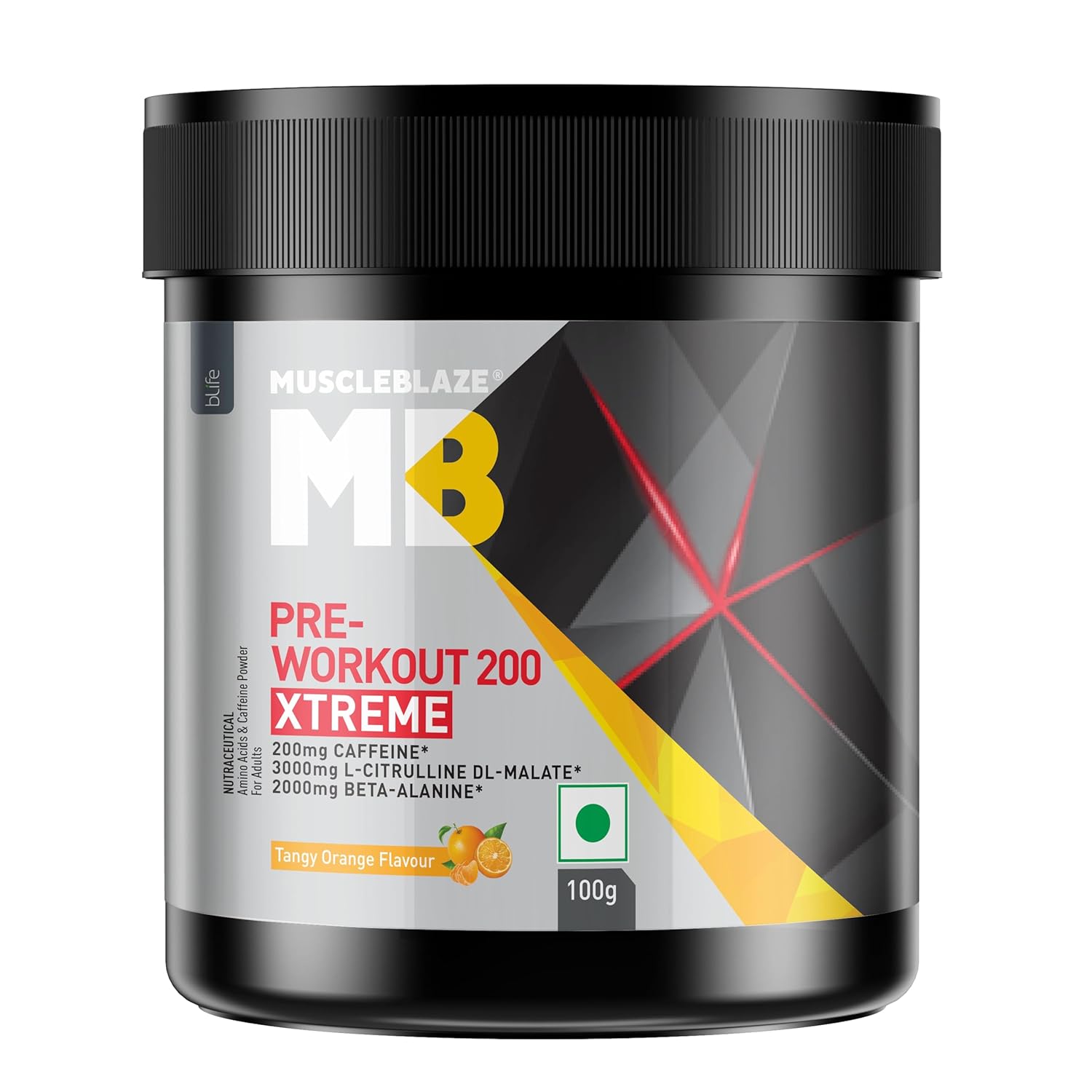 MuscleBlaze Pre Workout 200 Xtreme Powder, Tangy Orange (15 Servings, 100g) | 200mg Caffeine, 3000mg Citrulline