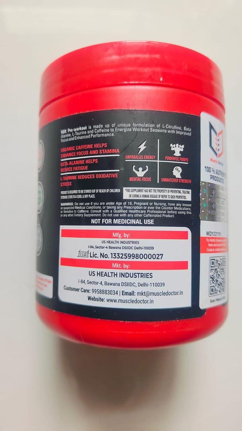 Muscle Doctor RDX Pre-workout Supplement, Blueberry Flavour, 300g, 60 Servings