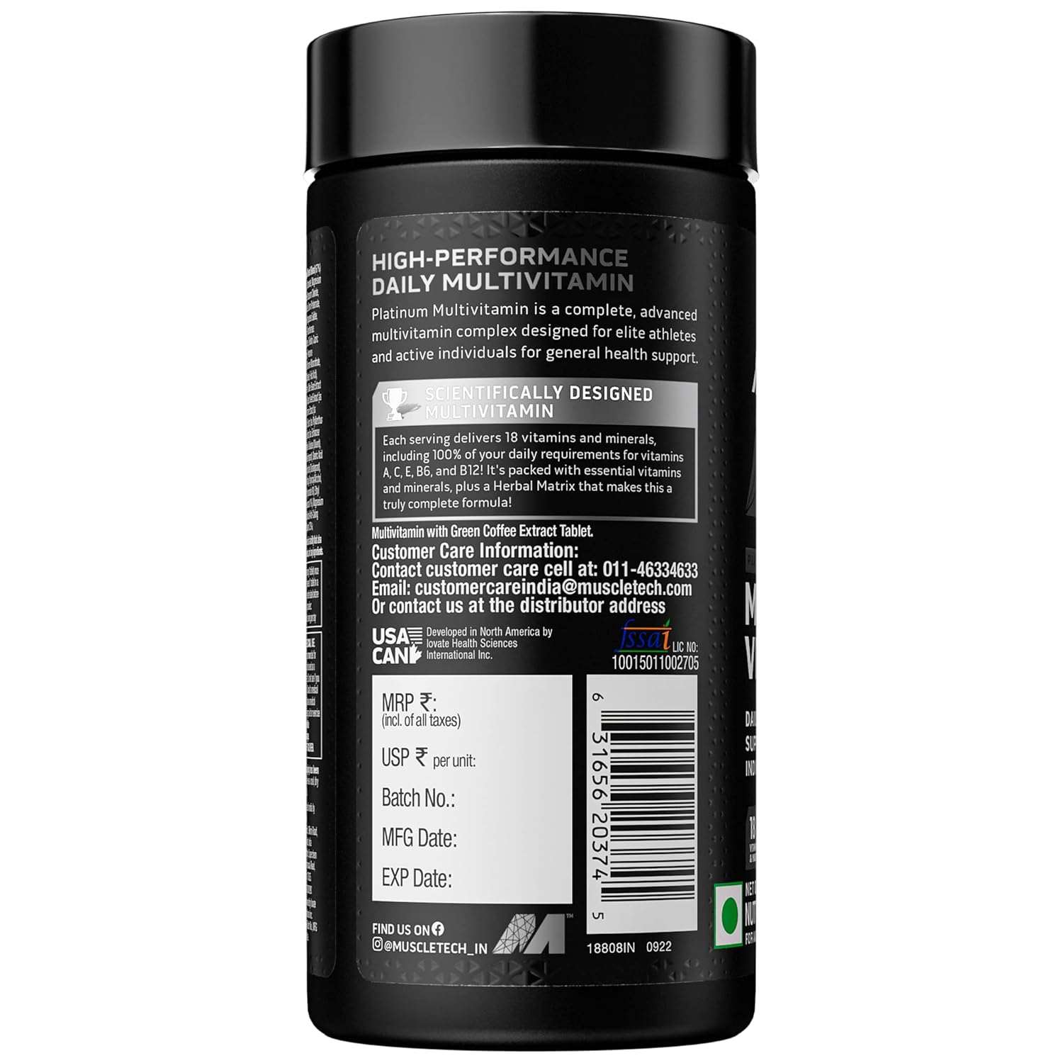 MuscleTech Platinum Multivitamin,Vitamin C for Immune Support,18 Vitamins & Minerals,60 Tablets, 150 grams
