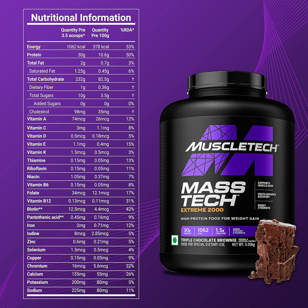 MuscleTech Veg Mass Gainer-Triple Chocolate Brownie (3Kg Powder(10 Servings)-MassTech Extreme 2000 High Protein Food For Weight Gainer (30g Protein, 1073 Kcal,1.5g Creatine & Added Vitamin,Minerals)