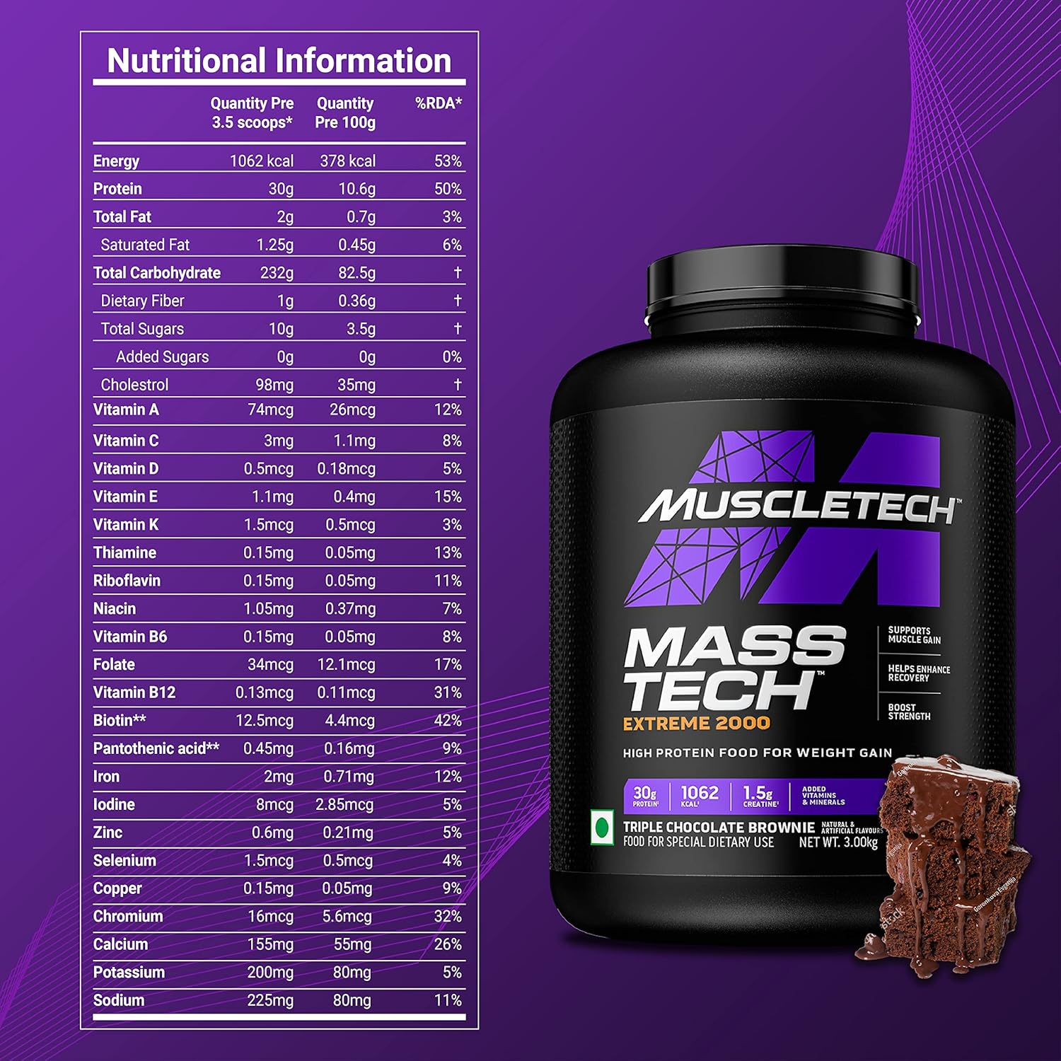 MuscleTech Veg Mass Gainer-Triple Chocolate Brownie (3Kg Powder(10 Servings)-MassTech Extreme 2000 High Protein Food For Weight Gainer (30g Protein, 1073 Kcal,1.5g Creatine & Added Vitamin,Minerals)