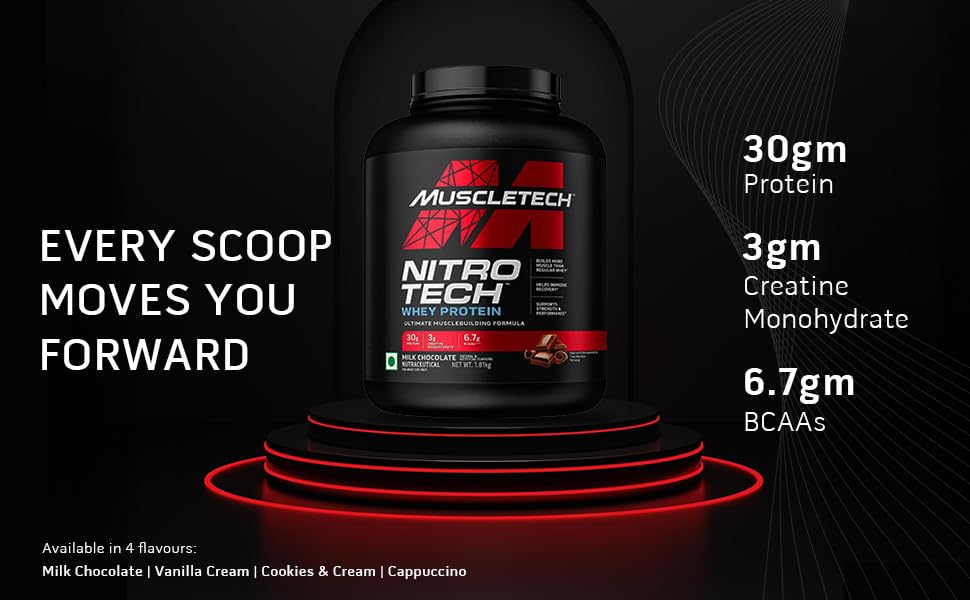 MuscleTech Nitro-Tech Whey Protein, 1.81kg (4lbs), Vanilla Cream, 30g Protein, 3g creatine monohydrate, 6.7g BCAA, ultimate muscle building formula, increase strength & performance