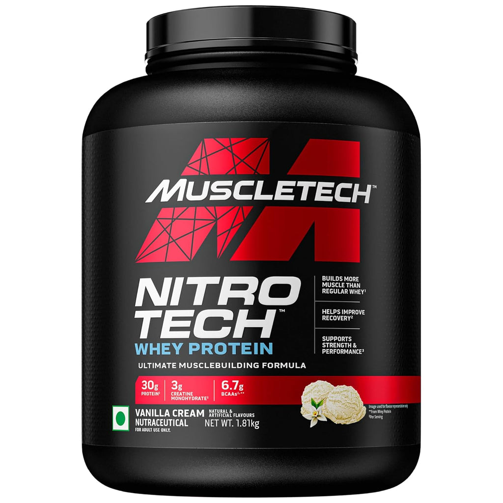 MuscleTech Nitro-Tech Whey Protein, 1.81kg (4lbs), Vanilla Cream, 30g Protein, 3g creatine monohydrate, 6.7g BCAA, ultimate muscle building formula, increase strength & performance