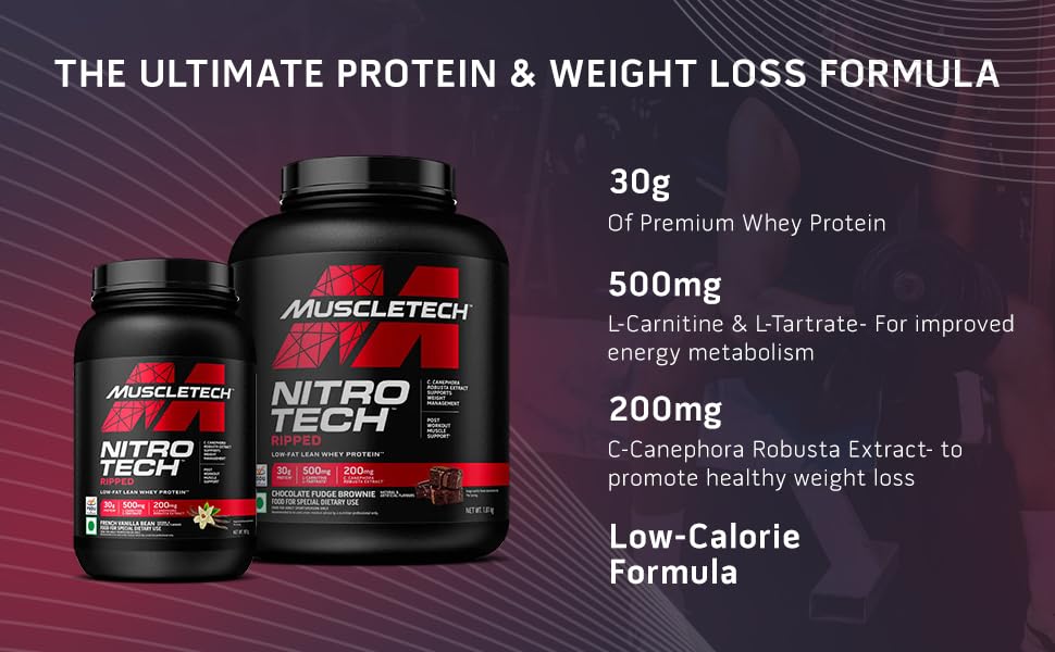 MuscleTech Nitrotech Ripped,1.81 Kg (4Lbs),Chocolate Fudge Brownie,Low Fat Lean Whey Protein,+ Weight Management,30 G From Whey Protein,500 G (L-Carnitine & L-Tartrate),200 Mg C,43 Servings