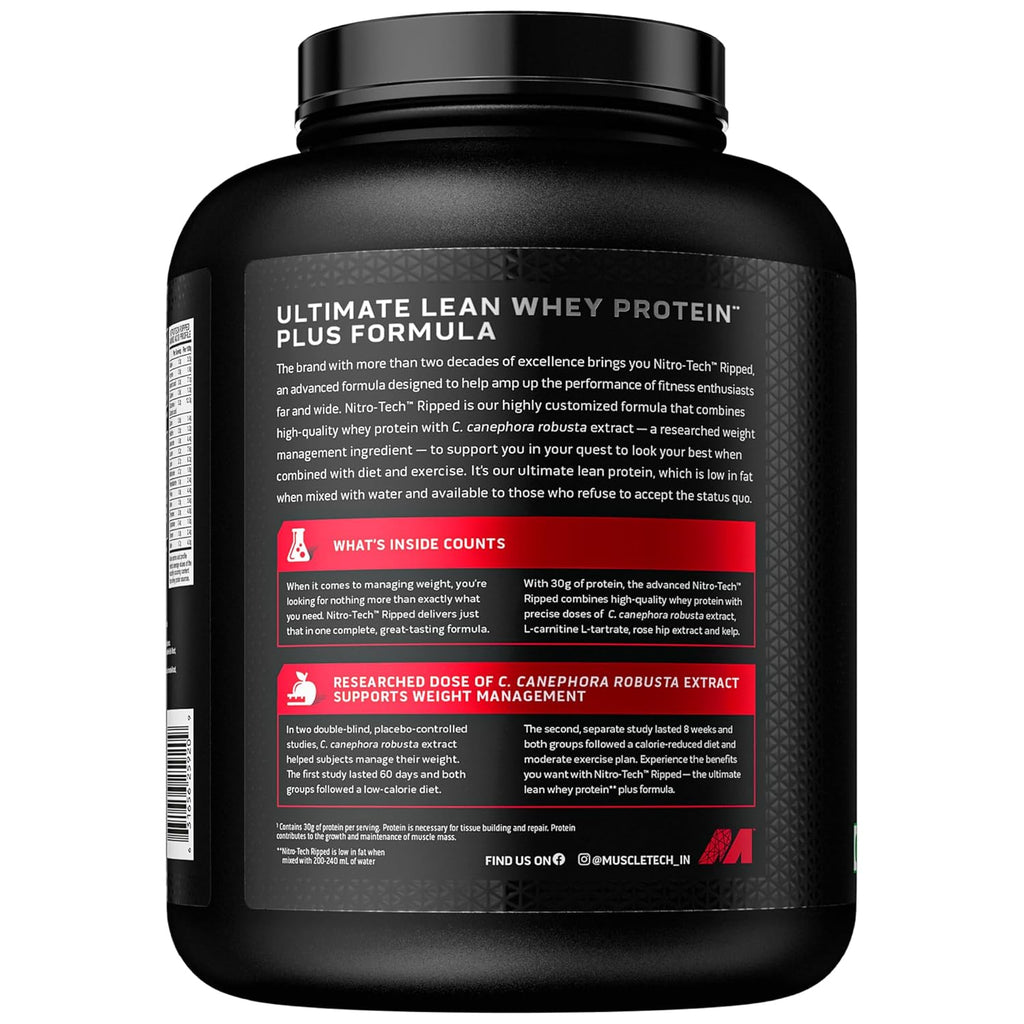 MuscleTech Nitrotech Ripped,1.81 Kg (4Lbs),Chocolate Fudge Brownie,Low Fat Lean Whey Protein,+ Weight Management,30 G From Whey Protein,500 G (L-Carnitine & L-Tartrate),200 Mg C,43 Servings