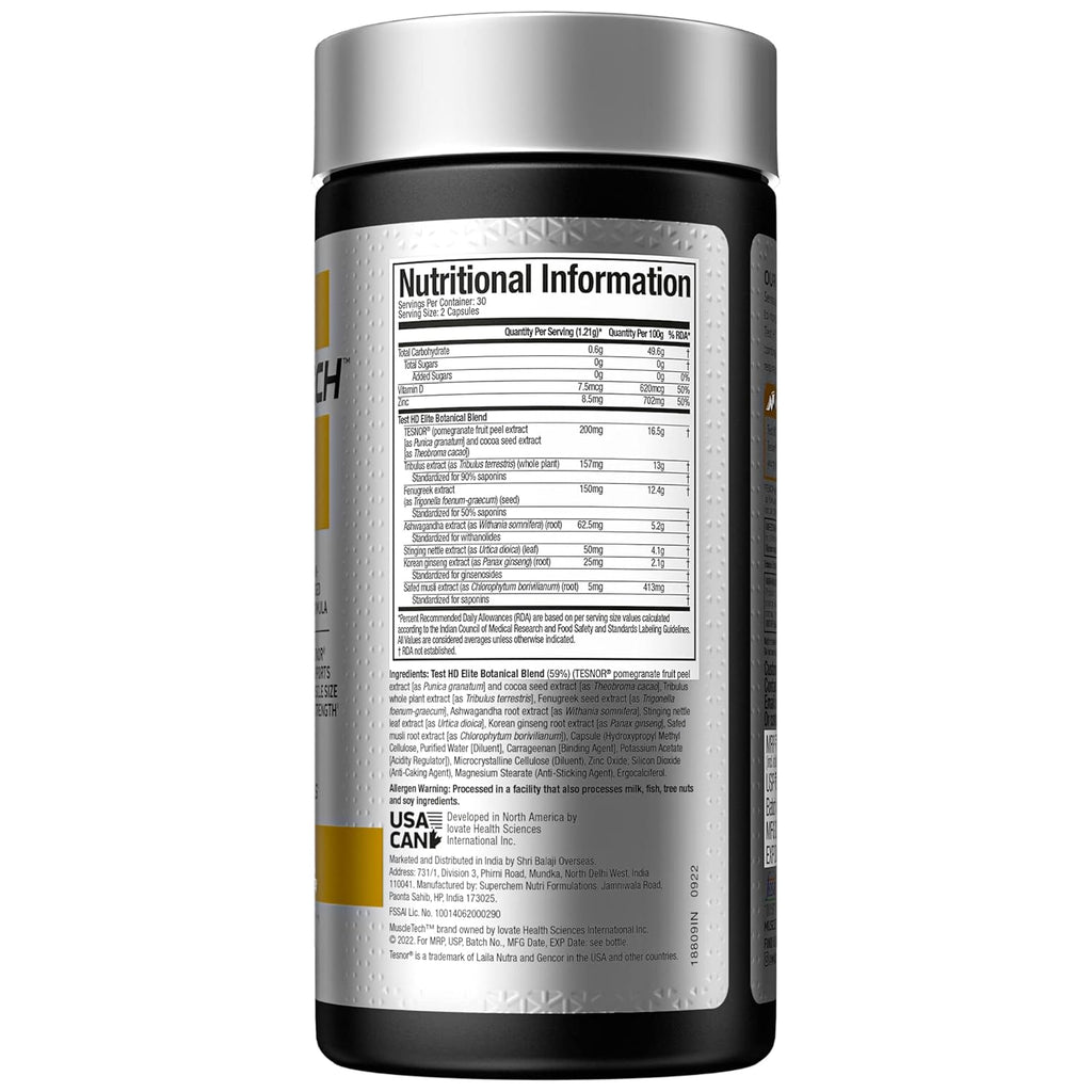 MuscleTech Test HD Elite, Tribulus Terrestris for Men, Max-Strength ATP & Test Booster for Men, Boost Free Testosterone Levels, 60 Veggie Capsules, 1 count