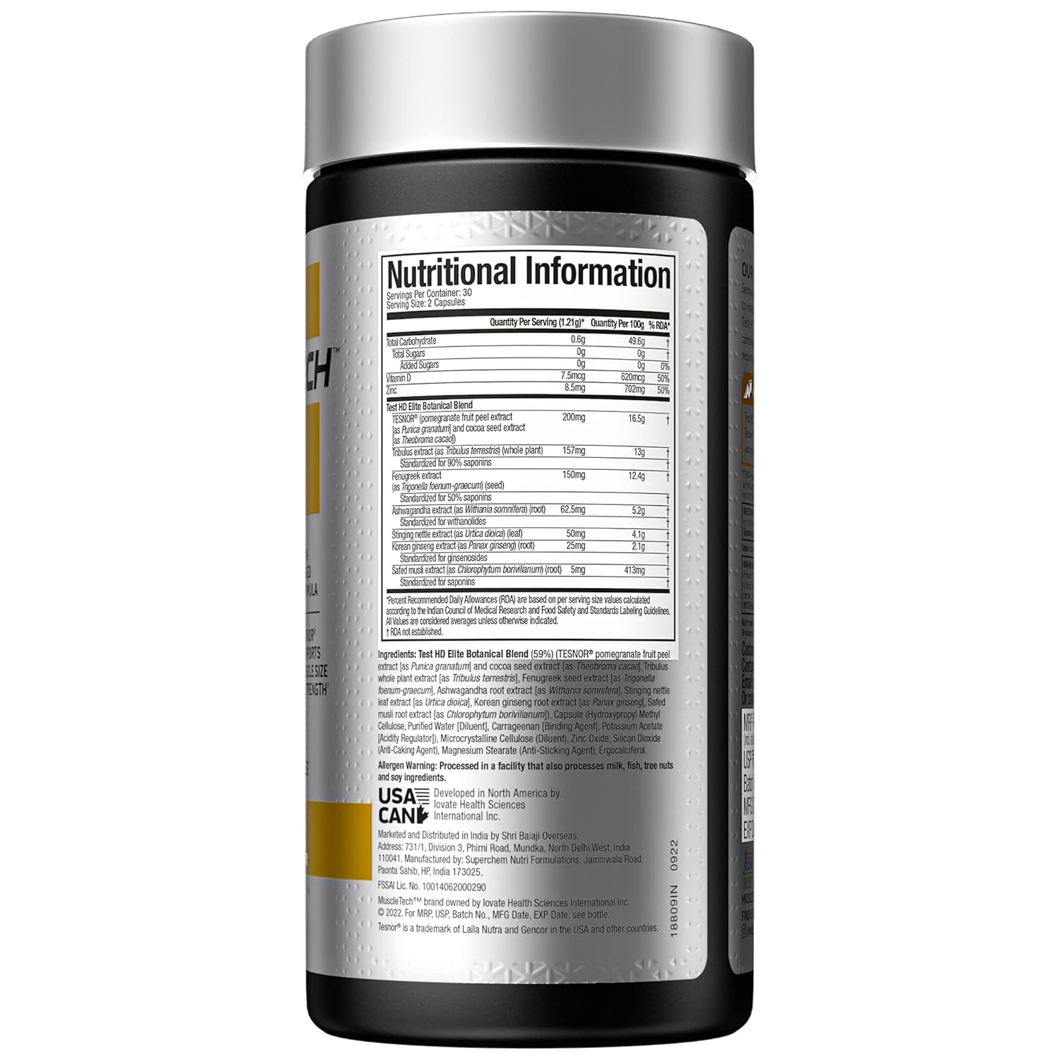 MuscleTech Test HD Elite, Tribulus Terrestris for Men, Max-Strength ATP & Test Booster for Men, Boost Free Testosterone Levels, 60 Veggie Capsules, 1 count