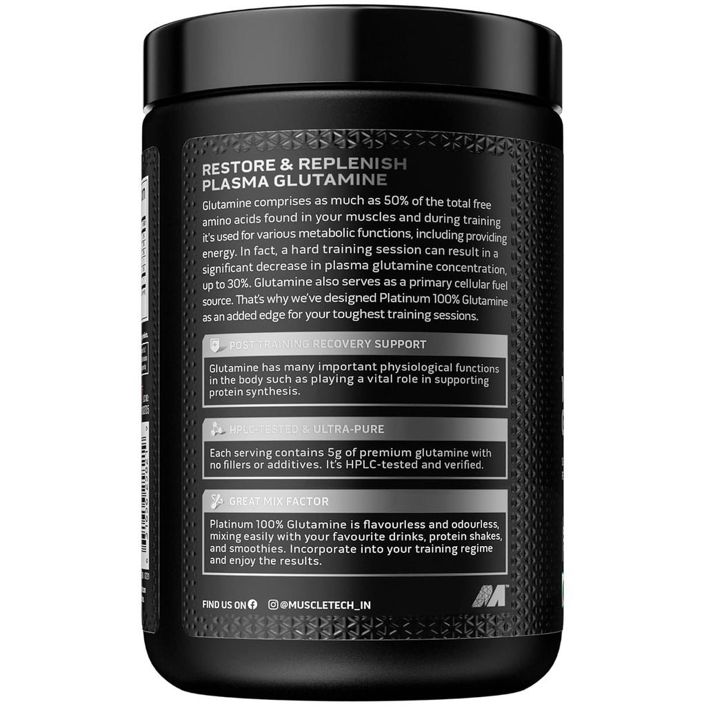 Muscletech Glutamine | Muscletech Platinum 100% Glutamine | Post Workout Recovery Drink | L-Glutamine Powder For Men & Women | Muscle Recovery | Unflavored (50 Servings) - 250 grams..