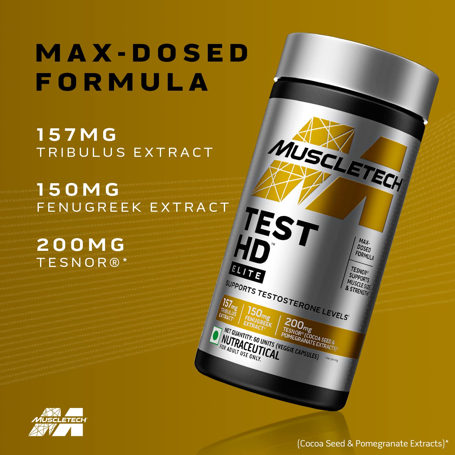 MuscleTech Test HD Elite, Tribulus Terrestris for Men, Max-Strength ATP & Test Booster for Men, Boost Free Testosterone Levels, 60 Veggie Capsules, 1 count