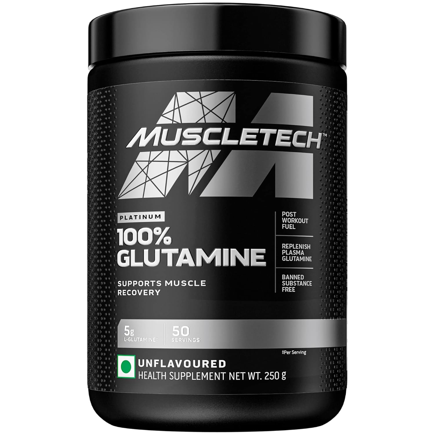 Muscletech Glutamine | Muscletech Platinum 100% Glutamine | Post Workout Recovery Drink | L-Glutamine Powder For Men & Women | Muscle Recovery | Unflavored (50 Servings) - 250 grams..