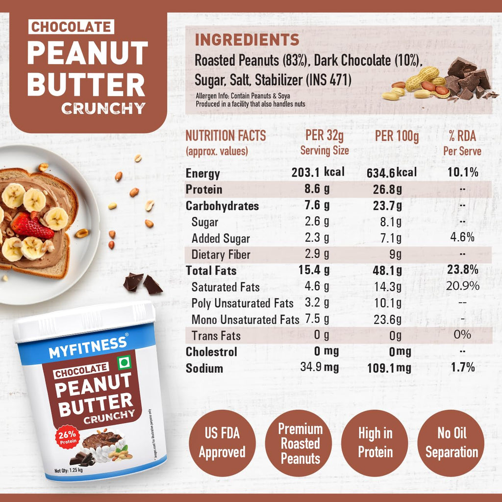 MYFITNESS Peanut Butter Chocolate Spread Crunchy 1.25kg | 23g Protein & 9g Fiber | Tasty & Healthy Nut Butter Spread for Breakfast & Snacks | Cholesterol Free | Zero Trans Fat | Crunchy Peanut Butter