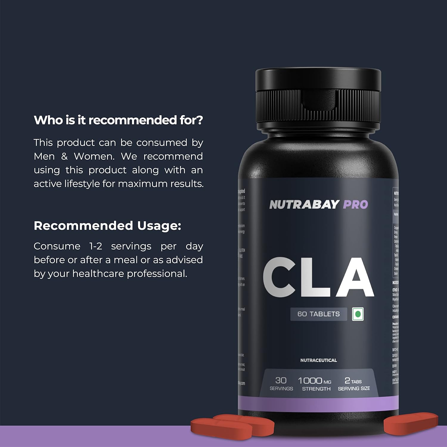 Nutrabay Pro CLA (Conjugated Linoleic Acid) | Fat Burner, Boosts Metabolism & Lean Muscle Build Supplement, 1000mg - 60 Veg Tablets