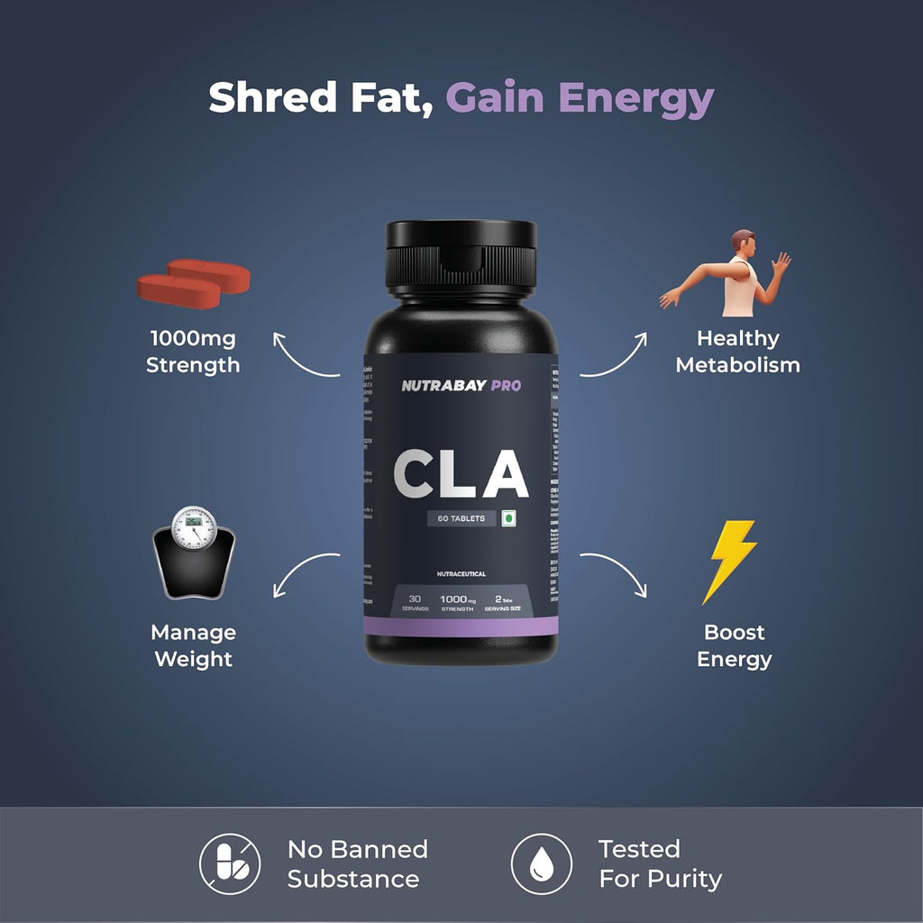 Nutrabay Pro CLA (Conjugated Linoleic Acid) | Fat Burner, Boosts Metabolism & Lean Muscle Build Supplement, 1000mg - 60 Veg Tablets