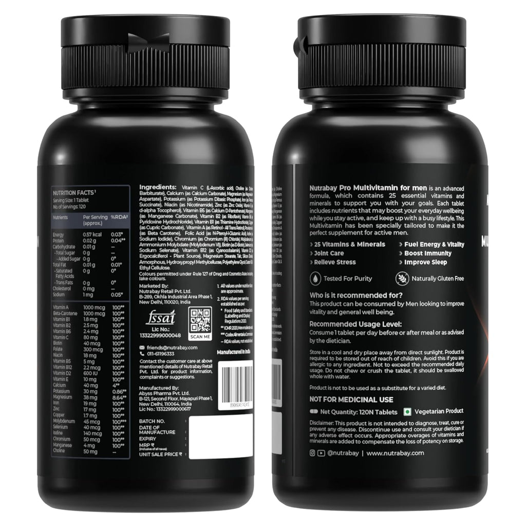Nutrabay Pro Active Multivitamin for Men with Zinc, Magnesium, Vitamin B,C,A,E – Enhances Energy, Immunity & Better Sleep– 120 Veg Capsules | 100% RDA for Viamins & Minerals | Purity Tested Supplement