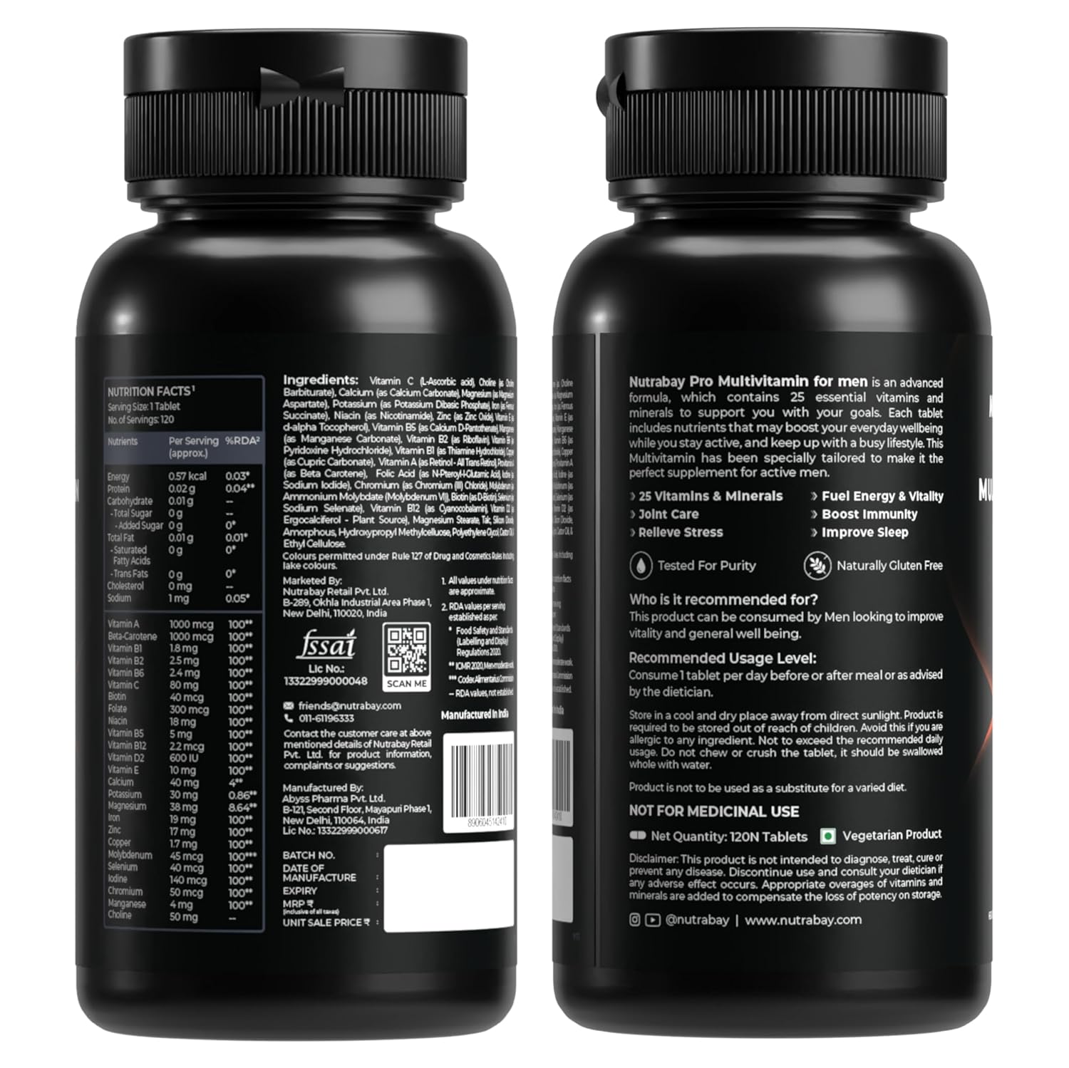 Nutrabay Pro Active Multivitamin for Men with Zinc, Magnesium, Vitamin B,C,A,E – Enhances Energy, Immunity & Better Sleep– 120 Veg Capsules | 100% RDA for Viamins & Minerals | Purity Tested Supplement