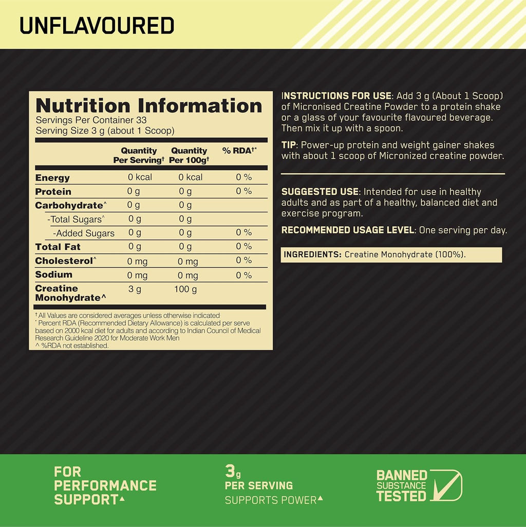 Optimum Nutrition (ON) Micronized Creatine Powder – 100 g, 33 Serves, 3g of 100% Creatine Monohydrate per serve, Supports Athletic Performance & Power, Unflavored.
