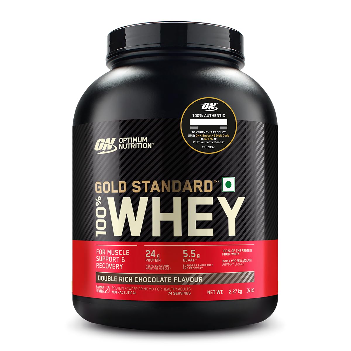 Optimum Nutrition (ON) Gold Standard 100% Whey Protein Powder 5 lbs, 2.27 kgs (Double Rich Chocolate), for Muscle Support & Recovery, Vegetarian - Primary Source Whey Isolate